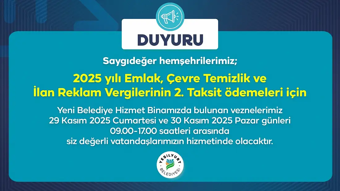 Yeşilyurt Belediye Vezneleri, Hafta Sonu Hizmet Verecek
