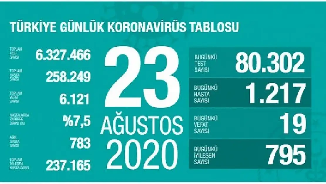 23 Ağustos koronavirüs tablosu