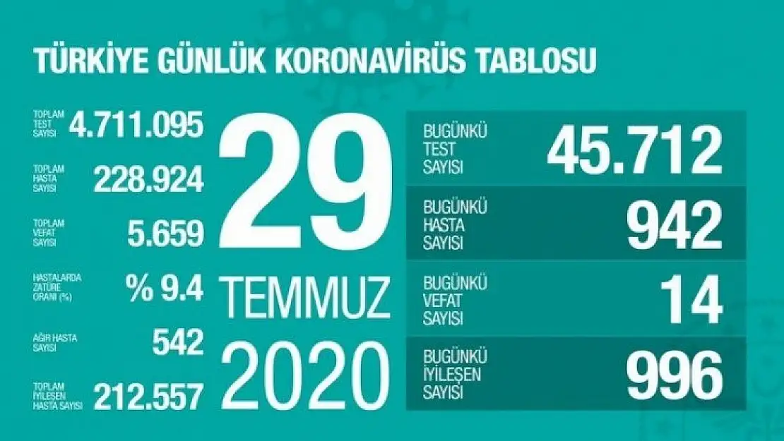 29 Temmuz koronavirüs Vaka ölü sayısı