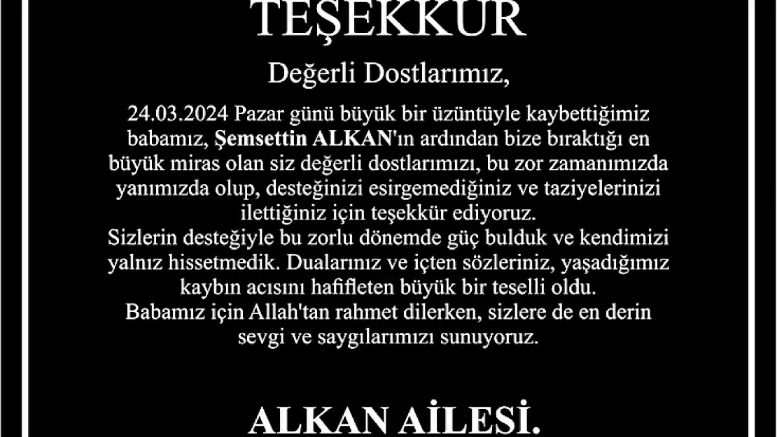 Alkan Ailesinden Teşekkür