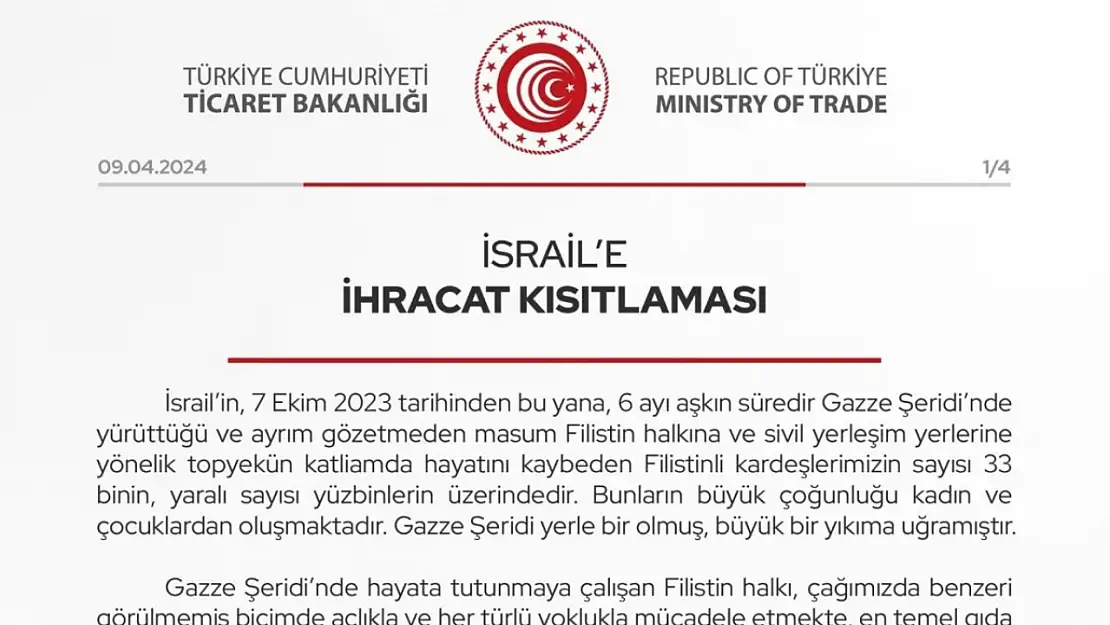 İsrail'e 54 ürün grubunda ihracat kısıtlaması getirildi