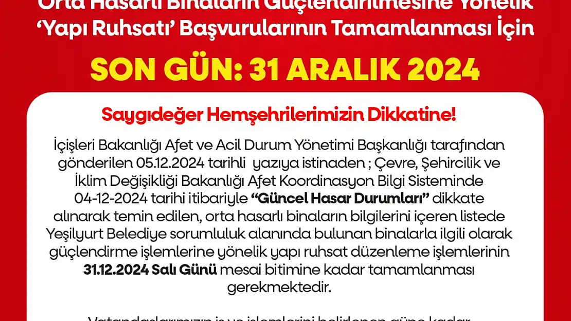 Orta Hasarlı Binaların Yapı Ruhsat Başvuru Tamamlama Süresinde 'Son Gün 31 Aralık 2024'