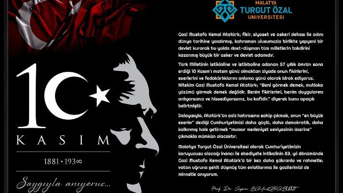 Rektör Karabulut'tan 10 Kasım Atatürk'ü Anma Günü Mesajı