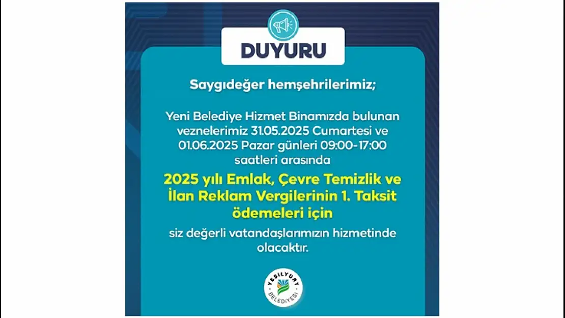 Yeşilyurt Belediye Vezneleri Hafta Sonu Açık!
