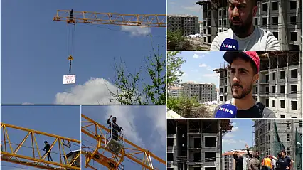 Ücretlerini alamayan işçilerden vinçli protesto