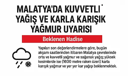 Malatya'da Kuvvetli Yağış ve Karla Karışık Yağmur Uyarısı