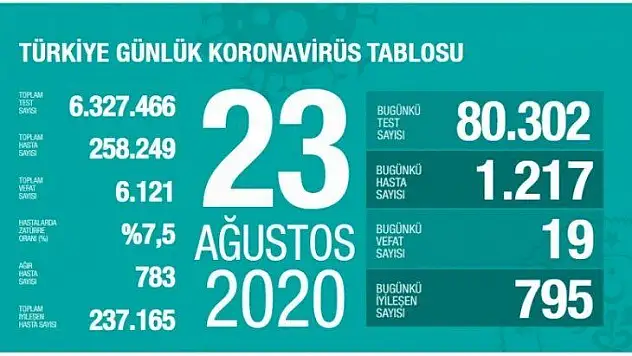 23 Ağustos koronavirüs tablosu