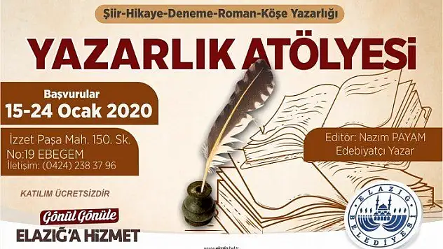 Elazığ Belediyesi Yazarlık Atölyesi İçin Başvuru Süresi Doluyor