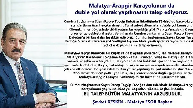 Malatya-Arapgir Karayolu'na duble yol istendi