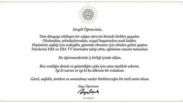 Milli Eğitim Bakanından Öğretmen'den Öğrencilere Teşekkür, Velilere Karne