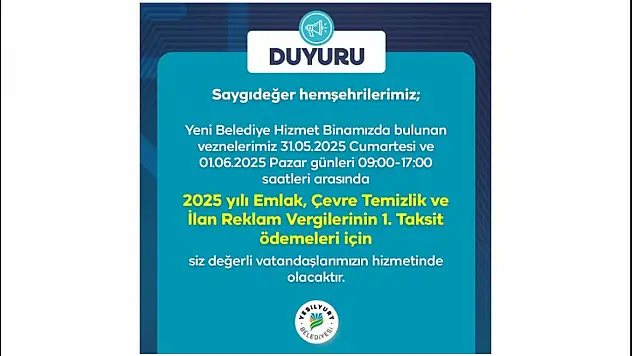 Yeşilyurt Belediye Vezneleri Hafta Sonu Açık!