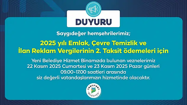 Yeşilyurt'ta Vergi Ödemeleri Hafta Sonu da Yapılabilecek