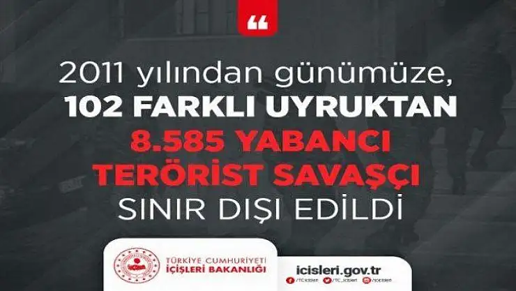 2011 Yılından Günümüze, 102 Farklı Uyruktan 8.585 Yabancı Terörist Savaşçı Sınır Dışı Edildi