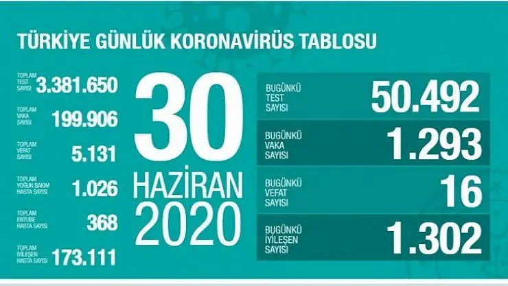 30 Haziran koronavirüs tablosu