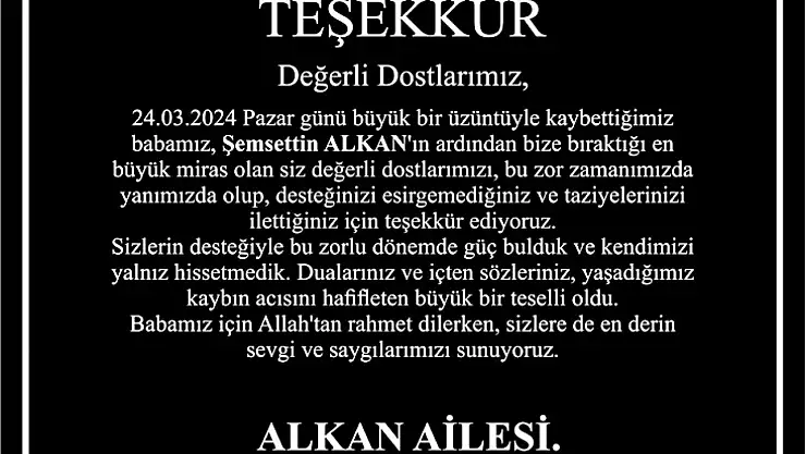 Alkan Ailesinden Teşekkür