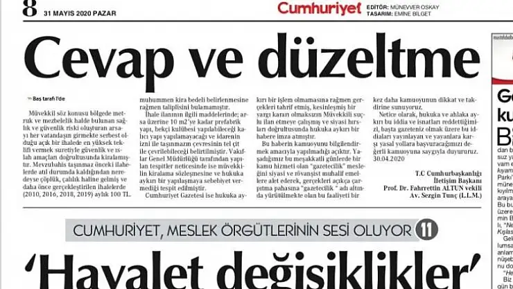 Birinci sayfadan üç tekzip!