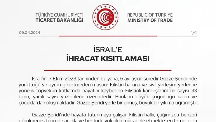 İsrail'e 54 ürün grubunda ihracat kısıtlaması getirildi