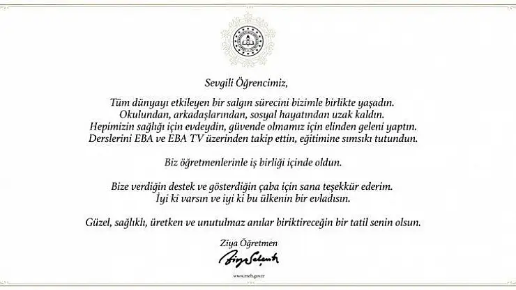 Milli Eğitim Bakanından Öğretmen'den Öğrencilere Teşekkür, Velilere Karne