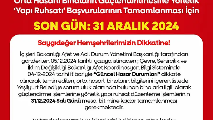 Orta Hasarlı Binaların Yapı Ruhsat Başvuru Tamamlama Süresinde 'Son Gün 31 Aralık 2024'