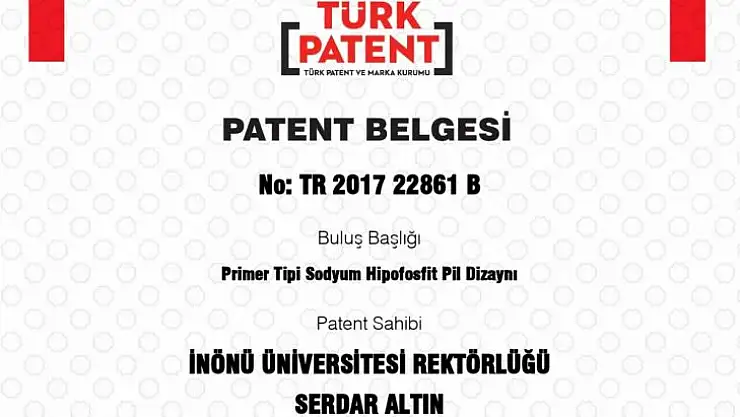 'Primer Tipi Sodyum Hipofosfit Pil Dizaynı' Başlıklı Patent Başvurusu Tescillendi