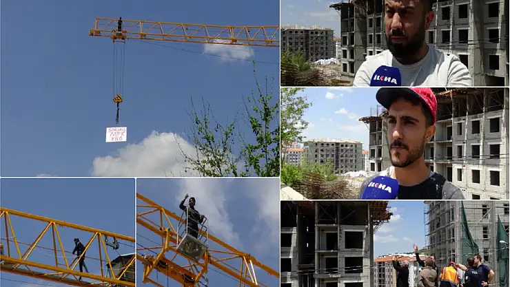 Ücretlerini alamayan işçilerden vinçli protesto