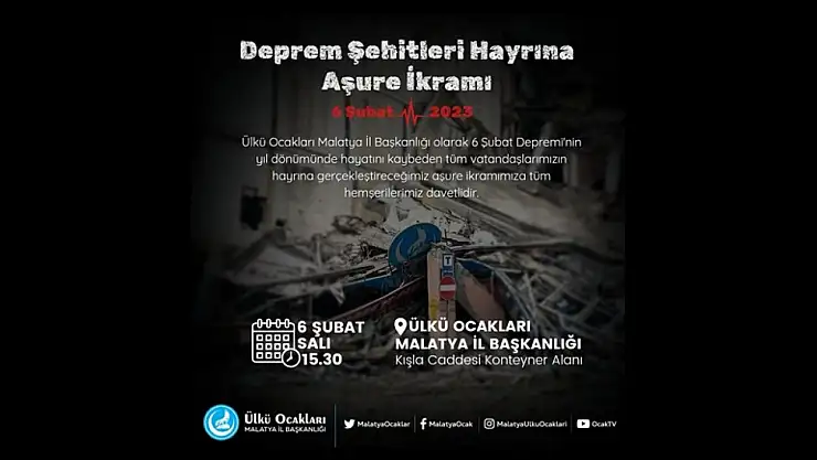 Ülkü Ocakları Deprem Şehitleri Hayrına Kur'an-ı Kerim Tilaveti ve Aşure Programı Düzenleyecek