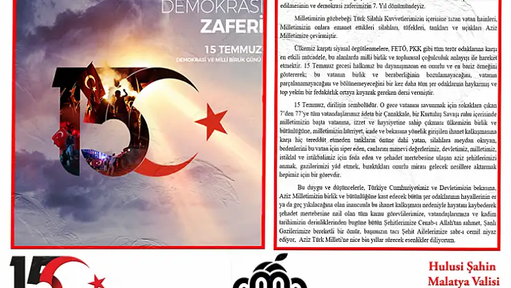 Vali Hulusi Şahin'in 15 Temmuz Demokrasi ve Milli Birlik Günü Mesajı,