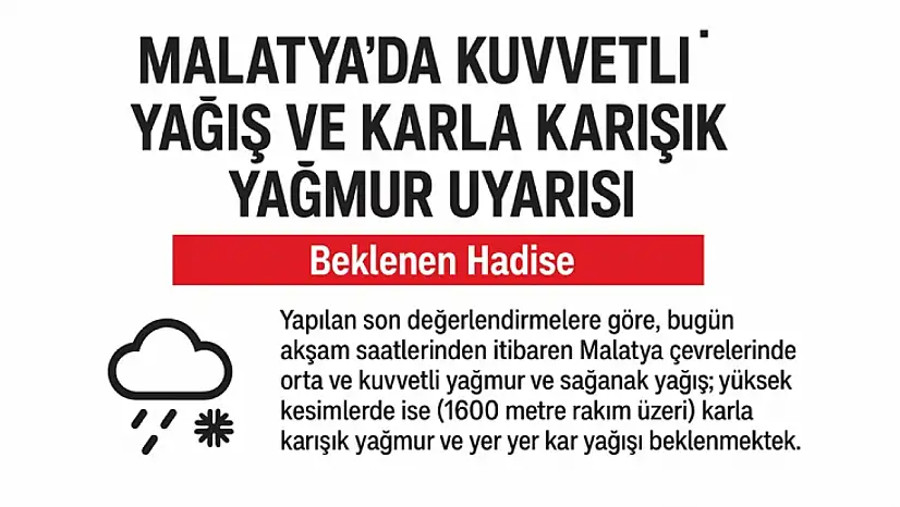 Malatya'da Kuvvetli Yağış ve Karla Karışık Yağmur Uyarısı