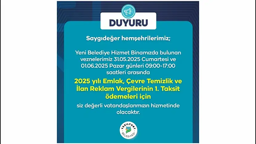 Yeşilyurt Belediye Vezneleri Hafta Sonu Açık!