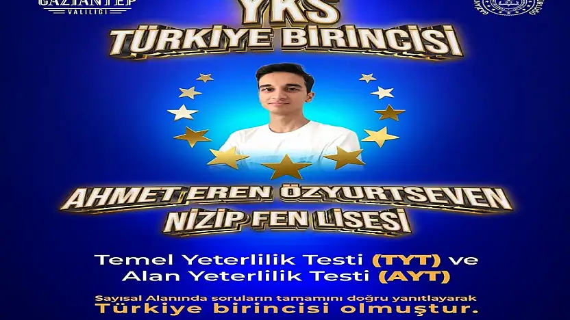 YKS 2025 Türkiye birincisi Gaziantep'ten çıktı