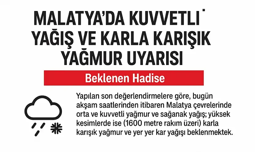 Malatya'da Kuvvetli Yağış ve Karla Karışık Yağmur Uyarısı