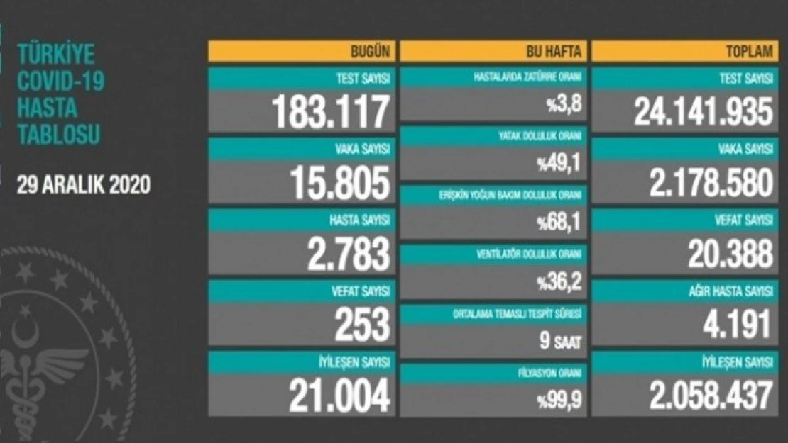 29 Aralık koronavirüs tablosu