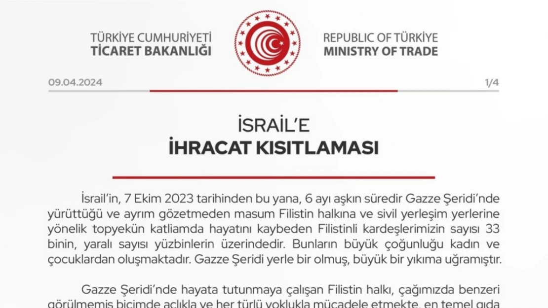 İsrail'e 54 ürün grubunda ihracat kısıtlaması getirildi