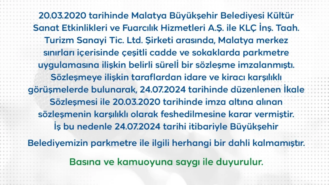 'Malatya Büyükşehir Belediyesi'nden Kamuoyuna Önemli Duyuru'