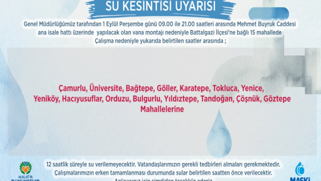 Maski Uyardı! 15 Mahallede Su Kesintisi Yaşanacak