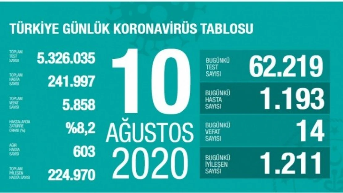 Türkiye'de son 24 saatte 1193 kişiye Kovid-19 tanısı konuldu