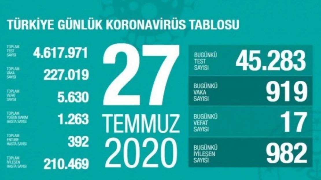 Türkiye'de son 24 saatte 919 kişiye Kovid-19 tanısı konuldu