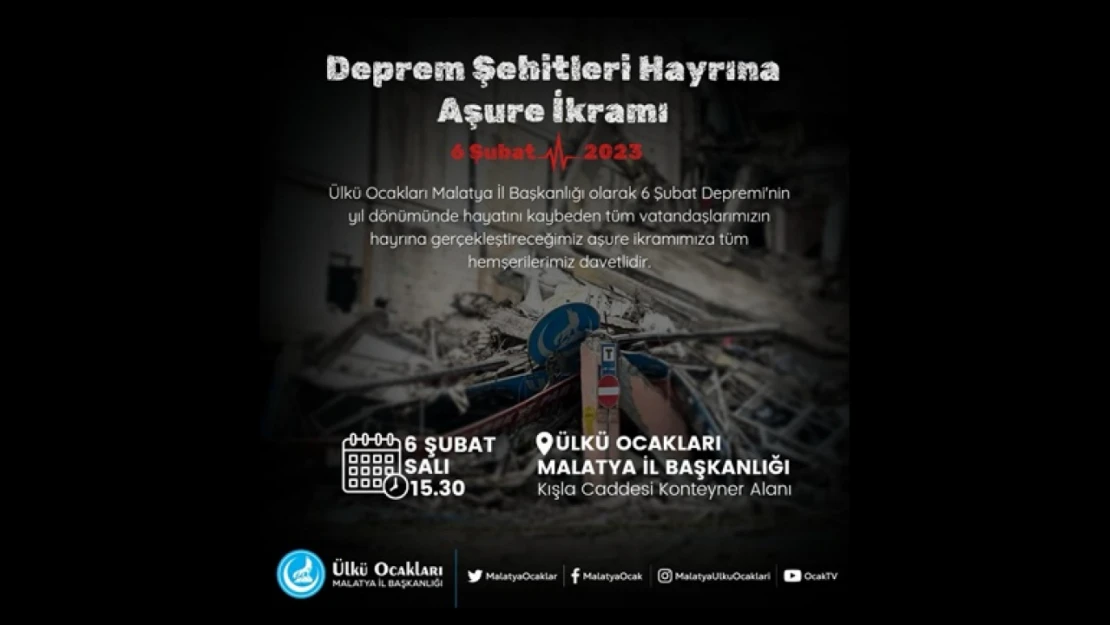 Ülkü Ocakları Deprem Şehitleri Hayrına Kur'an-ı Kerim Tilaveti ve Aşure Programı Düzenleyecek
