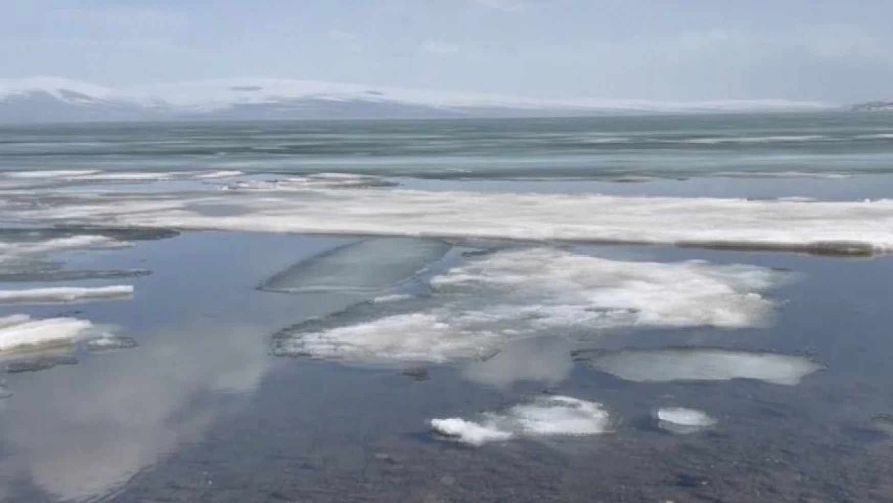 Çıldır Gölü'nü kaplayan buz tabakası baharla erimeye başladı