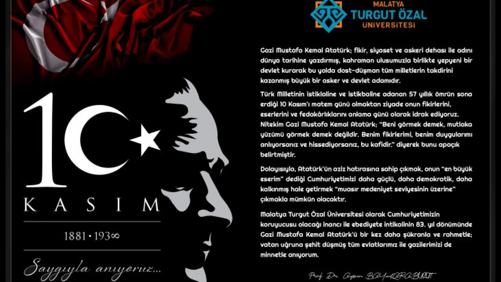 Rektör Karabulut'tan 10 Kasım Atatürk'ü Anma Günü Mesajı
