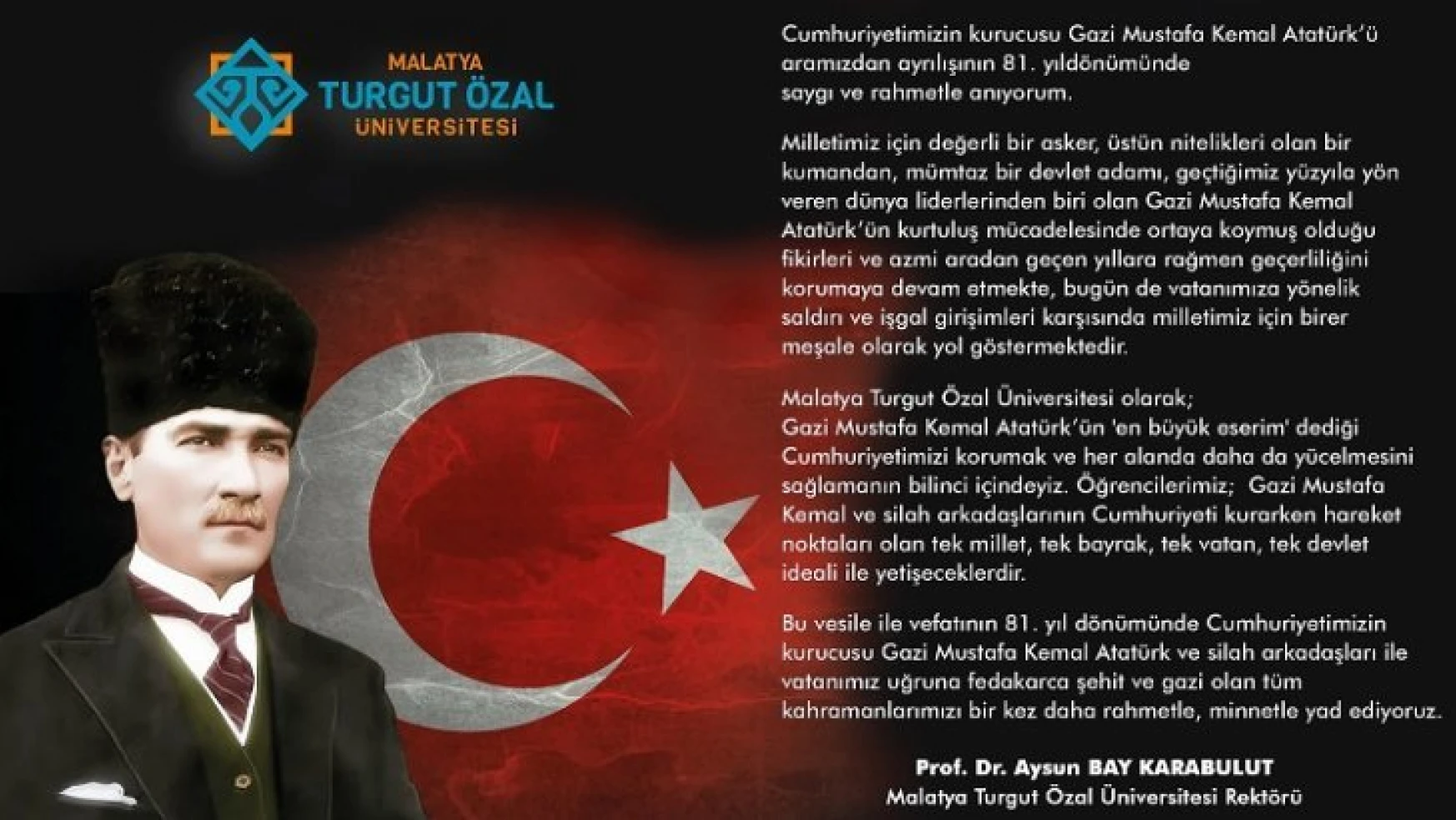 Rektör Karabulut'tan 10 Kasım Atatürk'ü Anma Mesajı