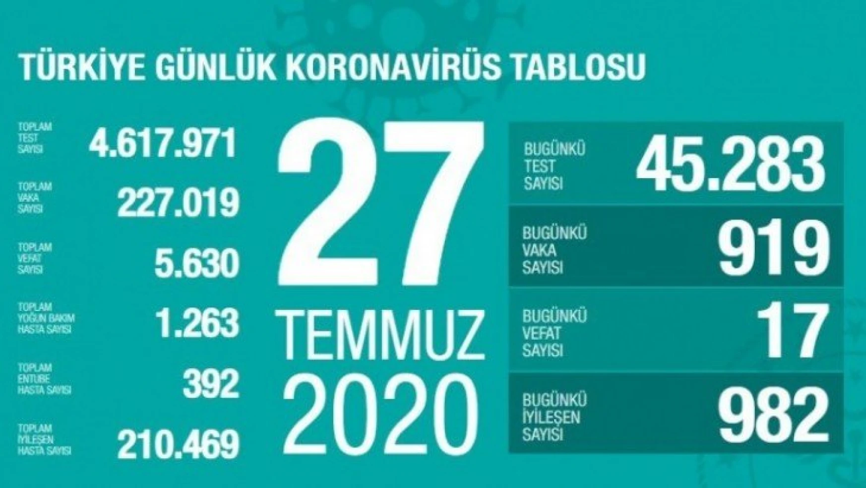 Türkiye'de son 24 saatte 919 kişiye Kovid-19 tanısı konuldu